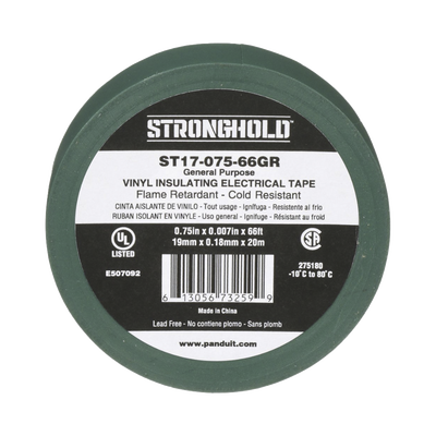 Imagen de Cinta Eléctrica STRONGHOLD para Aislar, de PVC, Uso General Reparación y Mantenimiento, Grosor de 0.18mm (7 mil), Ancho de 19mm, y 20.12m de Largo, Color Verde