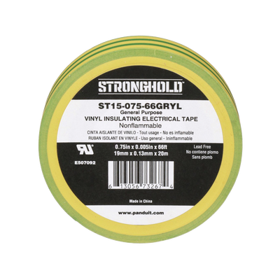 Imagen de Cinta Eléctrica STRONGHOLD para Aislar, de PVC, Uso Construcción General en Tierras Físicas, Grosor de 0.13 mm (5 mil), Ancho de 19.05 mm, y 20.12 m de Largo, Color Amarillo/Verde.
