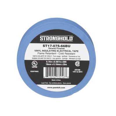 Imagen de Cinta Eléctrica STRONGHOLD para Aislar, de PVC, Uso General Reparación y Mantenimiento, Grosor de 0.18mm (7 mil), Ancho de 19mm, y 20.12m de Largo, Color Azul