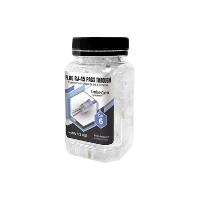 Imagen de Bote con 100 Plugs Pass through RJ45 Cat6 sin blindaje, chapado de oro a 30 micras para durabilidad extrema