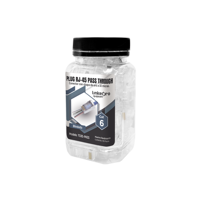 Imagen de Bote con 100 Plugs Pass through RJ45 Cat6 BLINDADO chapado de oro a 30 micras para durabilidad extrema
