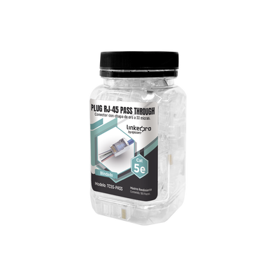 Imagen de Bote con 100 Plugs Pass through RJ45 Cat5e BLINDADO, chapado de oro a 30 micras para durabilidad extrema