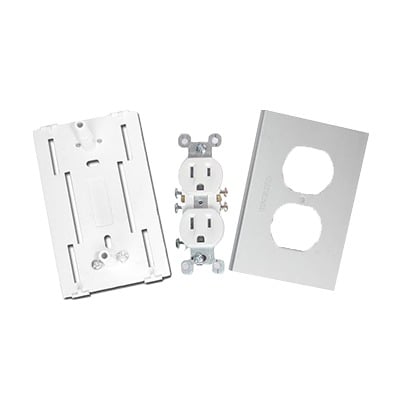 Imagen de Contacto eléctrico doble, soporte y tapa de PVC auto extinguible y aluminio, universal (8191-10200)