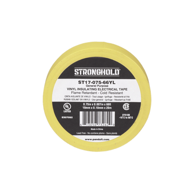 Imagen de Cinta Eléctrica STRONGHOLD para Aislar, de PVC, Uso General Reparación y Mantenimiento, Grosor de 0.18mm (7 mil), Ancho de 19mm, y 20.12m de Largo, Color Amarillo