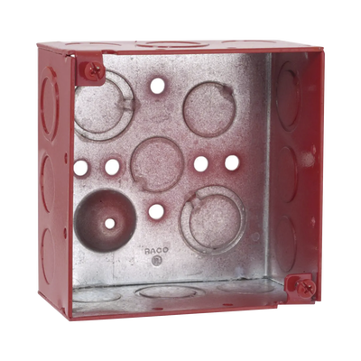 Imagen de Caja Cuadrada Galvanizada  de 4" /Profundidad de 2 1/8" / Cuenta con 11 KO de 1/2" y 6 TKO (1/2" - 3/4")/ Color Rojo.