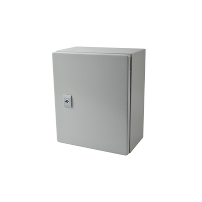 Imagen de Gabinete de Acero IP66 Uso en Intemperie (250 x 300 x 150 mm) con Placa Trasera Interior Metálica y Compuerta Inferior Atornillable (Incluye Chapa y Llave T).