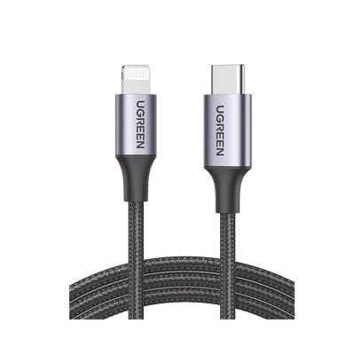 Imagen de Cable USB-C a Lightning | 1 Metro | Certificado MFi | Carga Rápida 60W | 480 Mbps | Conector C94 | Adecuado para iPhone, iPad y iPod | Protección Integrada | Caja de Aluminio | Nylon Trenzado | Color Negro.