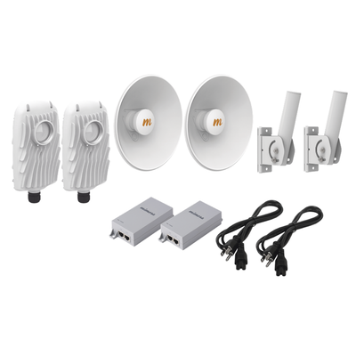 Imagen de Kit de 2 radios B5X con kit de antenas de (25 dBi), rango de frecuencia extendida (4.9 a 6.4 GHz),  incluye inyector POE, cable de alimentación y 2 FLEXIMOUNT-XL para alineación, distancia de hasta 10 km