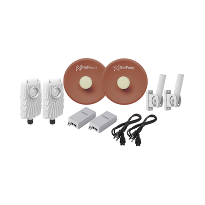 Imagen de Kit de 2 radios B5X con antenas NPPROS2PACK (27 dBi), rango de frecuencia extendida (4.9 a 6.4 GHz), incluye inyector POE  y cable de alimentación