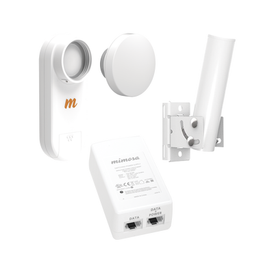 Imagen de Kit de radios C5X, rango de frecuencia extendida (4.9 a 6.4 GHz),  incluye inyector POE, montaje universal para tubo o poste Y una antena de 12 dBi