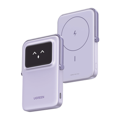 Imagen de Power Bank Serie UNO Inalambrico | 10000mAh | 7.5W/20W  |  Con Emojis de Estado | Carga Rápida USB-C Bidireccional  | Pantalla TFT  Inteligente | Con Holder | Color Purple.