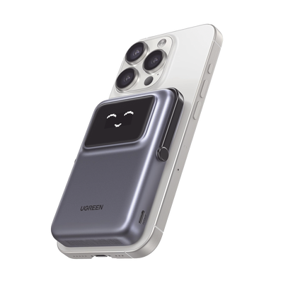 Imagen de Power Bank Serie UNO Inalambrico | 10000mAh | 7.5W/20W  |  Con Emojis de Estado | Carga Rápida USB-C Bidireccional  | Pantalla TFT  Inteligente | Con Holder | Color Grey.