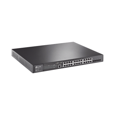Imagen de Switch L2+ Omada PoE+ / 24 Puertos PoE+ 10/100/1000 Mbps / 4 Puertos SFP 1G / 2 Puertos Consola (RJ45 y microUSB) / Administración Centralizada Omada o Stand-Alone / Multicast IGMP / Calidad de Servicio / Presupuesto PoE 384W / Montaje en Rack