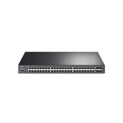Imagen de Switch L2+ Omada PoE+ / 48 Puertos PoE+ 10/100/1000 Mbps / 4 Puertos SFP+ 10G / 2 Puertos Consola (RJ45 y microUSB) / Administración Centralizada Omada o Stand-Alone / Multicast IGMP / Calidad de Servicio / Presupuesto PoE 500W / Montaje en Rack