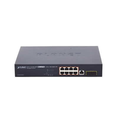 Imagen de Switch Administrable Capa 2 de 8 Puertos PoE 802.3af/at Gigabit 140 W Max, 2 Puertos SFP, Modo Extendido Hasta 250 m.