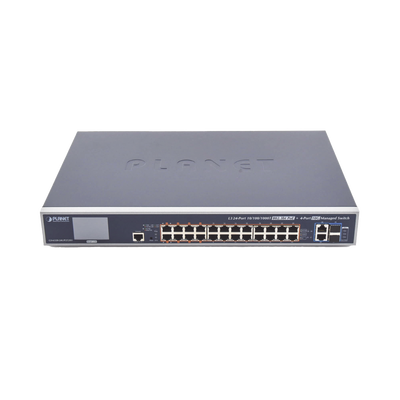 Imagen de Switch Administrable L3, 24 puertos Gigabit PoE 802.3bt, 2 puertos 10G SFP+, Pantalla Tactil, Fuente Redundante, (600W)
