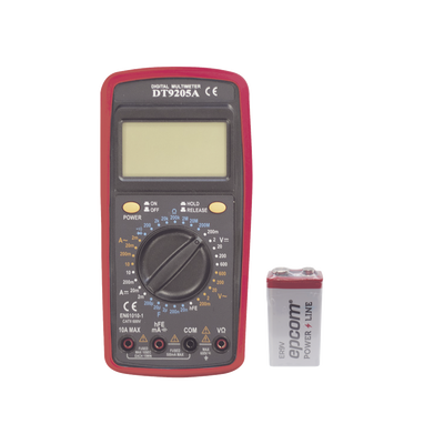 Imagen de KIT Multímetro Digital DT9205A 600 Vcc /  Vca  CATII,  con Pantalla LCD. Incluye Batería ER-9V de 9V
