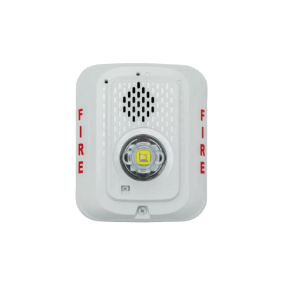 Imagen de Sirena con Lámpara LED Estroboscópica / a 2 Hilos / Montaje en Pared / 12 o 24 Vcd / Configuración Estroboscópica Seleccionable / Texto en Inglés / Color Blanca