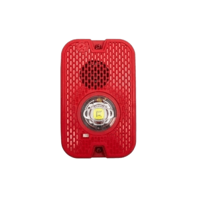 Imagen de Sirena con Lámpara LED Estroboscópica / a 2 Hilos / Montaje en Pared / 12 o 24 Vcd / Configuración Estroboscópica Seleccionable / Texto en Inglés / Color Rojo / Uso exterior
