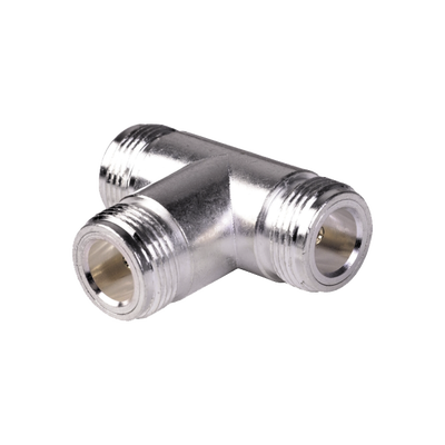 Imagen de Adaptador en T, Triple Conectores N Hembra, Plata/ Oro/ Teflón.