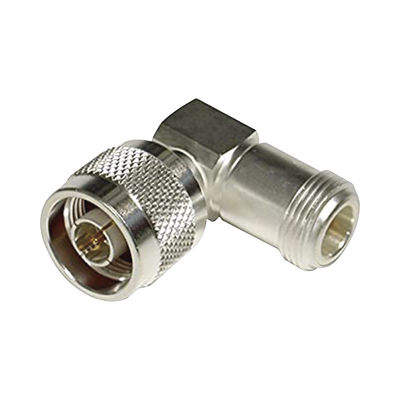 Imagen de Adaptador en Ángulo Recto, de Conector N Macho a N Hembra, Plata/ Oro/ Teflón.