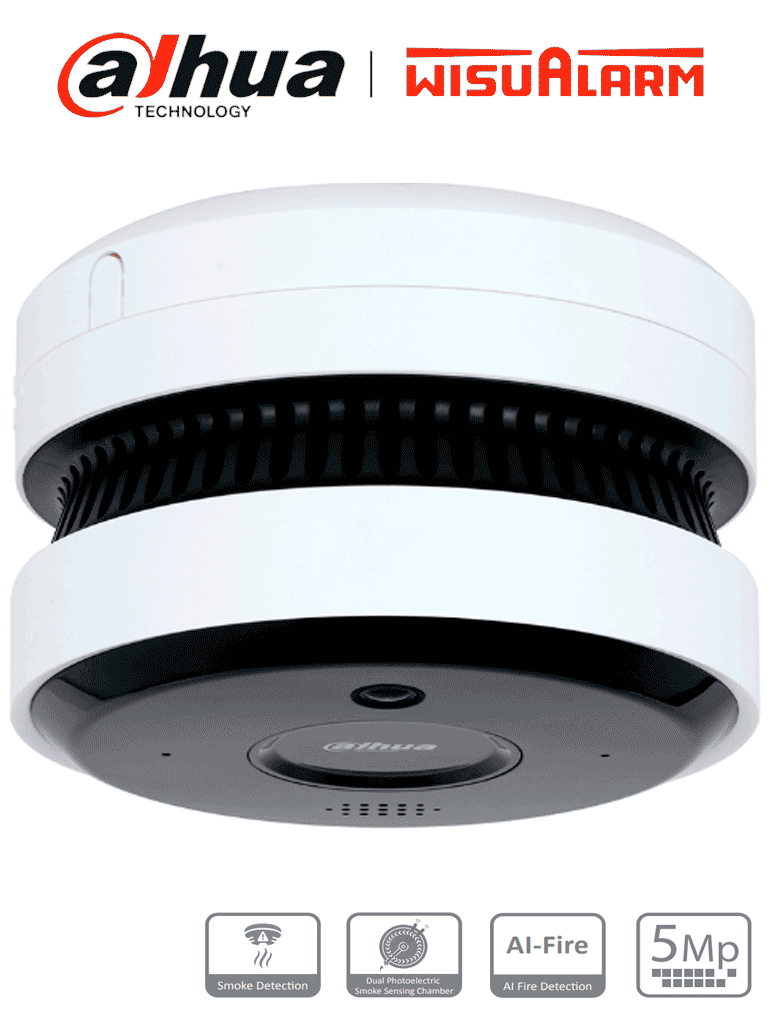 DAHUA WISUALARM DHI-HY-SAV849HA-E -Cámara IP 5MP con IA para Detección de Incendio/Detector Fotoelectrico/ Buzzer de 85 dB/ WDR Real/ Flip/ E&S de Alarma/ IR de 20 Metros/ PoE/Microfono y Altavoz/Ranura MicroSD