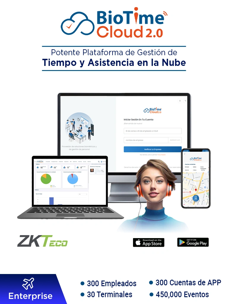 ZKTECO BIOTIMECLOUDENTERPRISE - Licencia de Asistencia en la Nube para 300 Empleados, 40 Terminales, 450,000 Eventos y 300 Cuentas de App, Suscripción por un Año