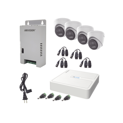 Imagen de Kit HiLook Audio Bidireccional TurboHD 1080p / DVR 4 Canales / 4 Cámaras Eyeball (Exterior) con Bocina y Microfóno Integrado / 1 Fuente de Poder / Accesorios