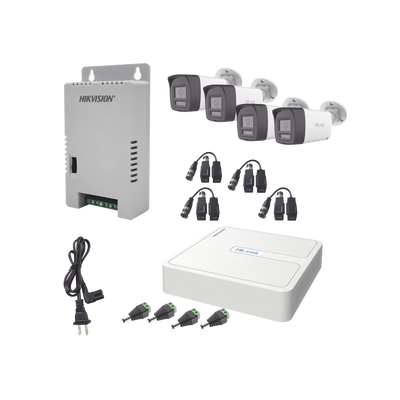 Imagen de Kit HiLook Audio Bidireccional TurboHD 1080p / DVR 4 Canales / 4 Cámaras Bala (Exterior) con Bocina y Micrófono Integrado / 1 Fuente de Poder / Accesorios