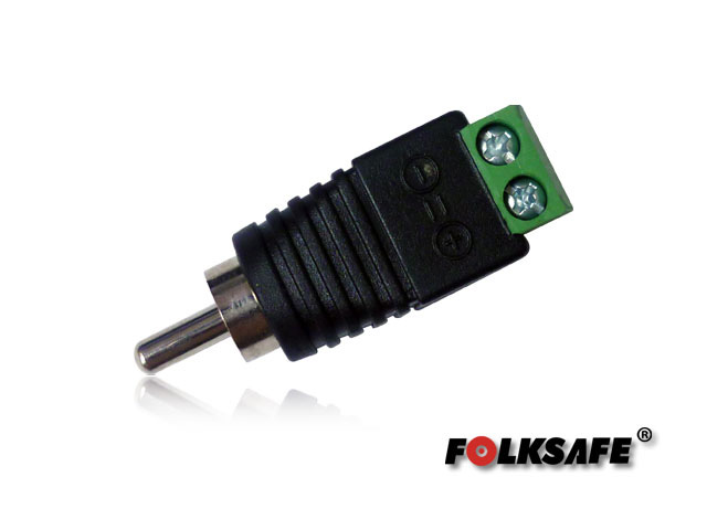 CONECTOR AUDIO RCA MACHO FS-RCA1 FOLKSAFE TIPO JACK , CON BLOQUE POLARIZADO(+/-) PARA ATORNILLAR CABLE DE AUDIO O UTP, RECOMENDADO PARA AUDIO EN CÁMARAS CCTV A 2 HILOS, MEDIDAS DEL CONECTOR 40 X 12 MM