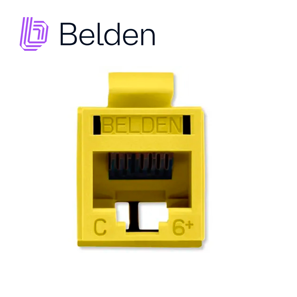 CONECTOR MODULAR JACK RJ45 CAT6 REVCONNECT BELDEN RV6MJKUYL-S1 ESTILO KEYCONNECT AMARILLO COMPATIBLE CON FACEPLATE AX102660,AX102655,AX102249 ESQUEMA DE CABLEADO T568A/B HERRAMIENTA COMPATIBLE RVUTT01 USO INTERIOR CALIBRE DEL CONDUCTOR 23-24 AWG
