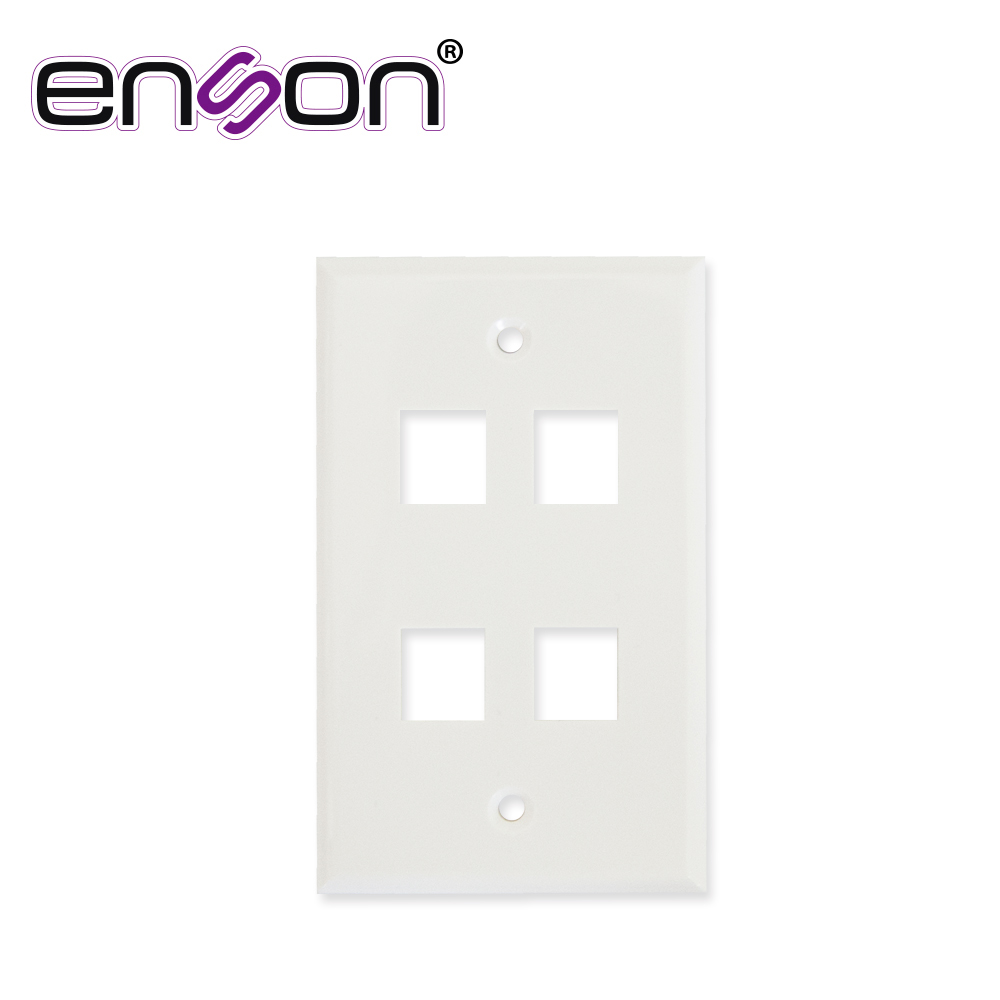 PLACA DE PARED (FACEPLATE) UNIVERSAL ENS-FP64 ENSON 4 PUERTOS ESTILO KEYCONNECT CAT6A CAT6 CAT5E CONECTORES DE FIBRA OPTICA Y COAXIALES COLOR BLANCO USO INTERIOR MATERIAL PLASTICO ABS