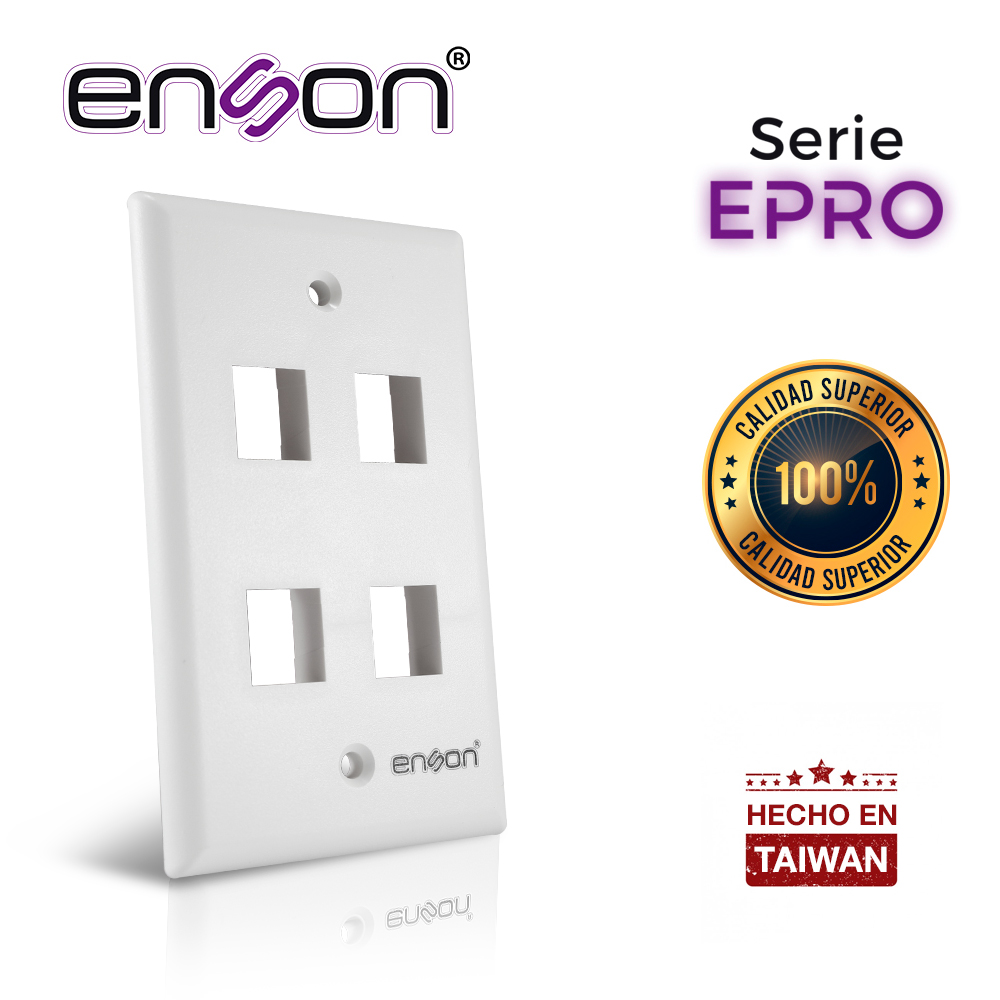 PLACA DE PARED (FACEPLATE) ENSON EPRO-FP40 COMPATIBLE CON JACK KEYSTONE 4 PUERTOS COLOR BLANCO, USO EN INTERIOR, IDEAL PARA CONECTORES RJ45, COAXIAL, FIBRA OPTICA, FABRICADO EN PLASTICO ABS
