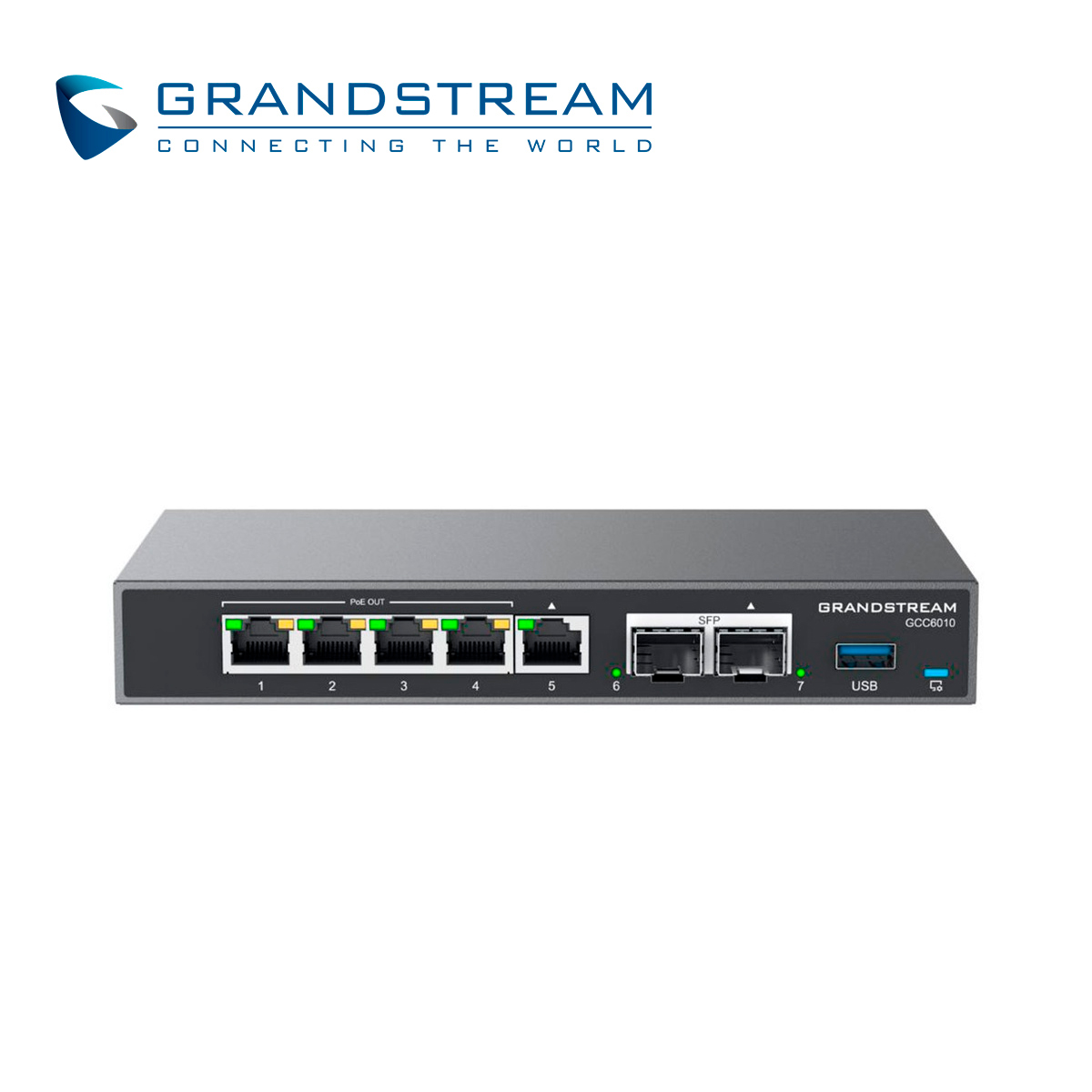 DISPOSITIVO 4 EN 1 GRANDSTREAM GCC6010 CONMUTADOR IP / FIREWALL / RUTEADOR VPN / SWITCH 5 PUERTOS GIGA WAN/LAN / 4 PUERTOS POE AF/AT / 2 PUERTOS SFP 2.5GBPS / 12 USUARIOS / 4 LLAMADAS SIMULTANEAS / ADMINISTRABLE CLOUD GDMS