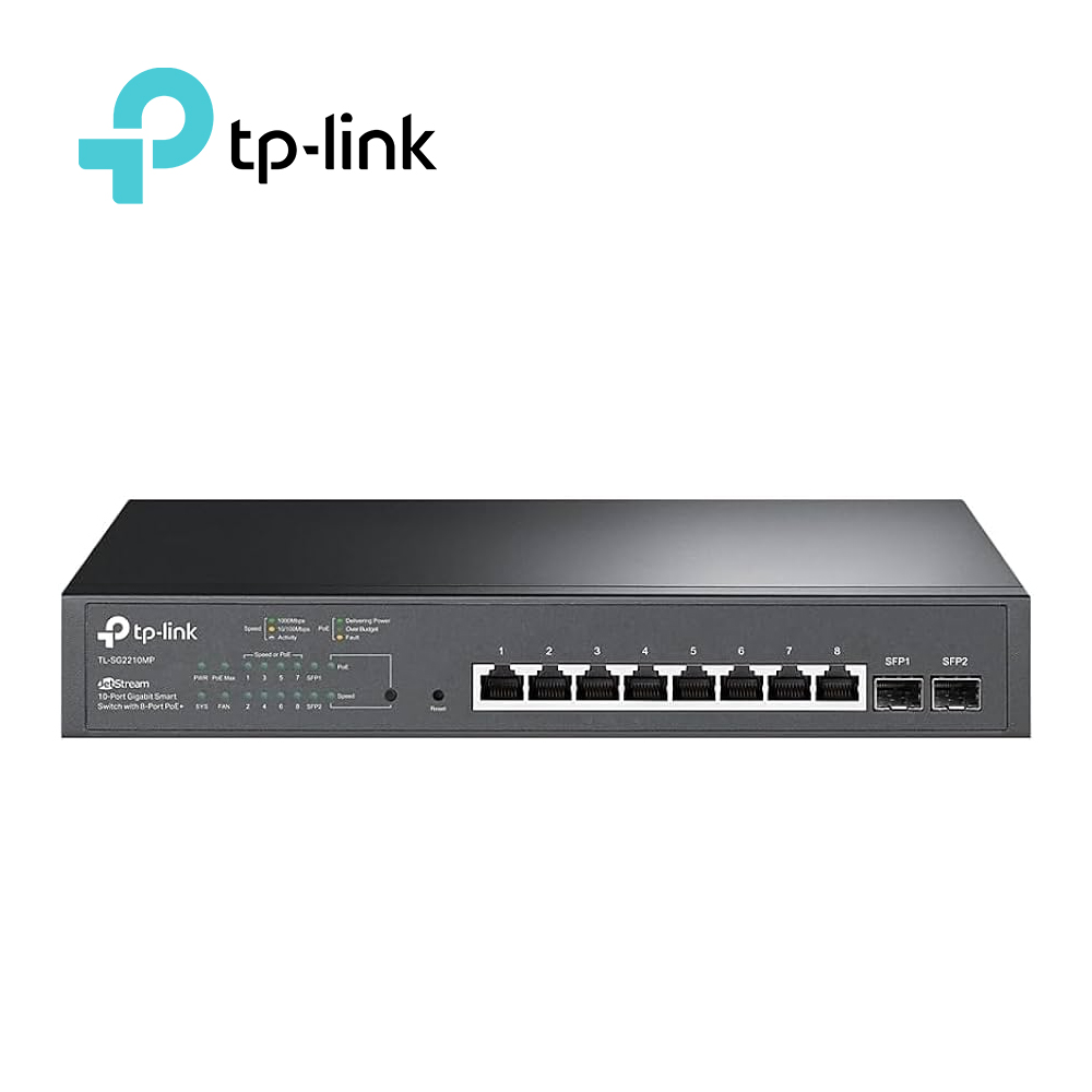 SWITCH POE JETSTREAM SDN ADMINISTRABLE TP-LINK SG2210MP / 8 PUERTOS POE AT/AF 150W 10/100/1000 MBPS + 2 PUERTOS PARA FIBRA ÓPTICA / MONTAJE EN RACK / CAPACIDAD DE CONMUTACIÓN 20 GBPS