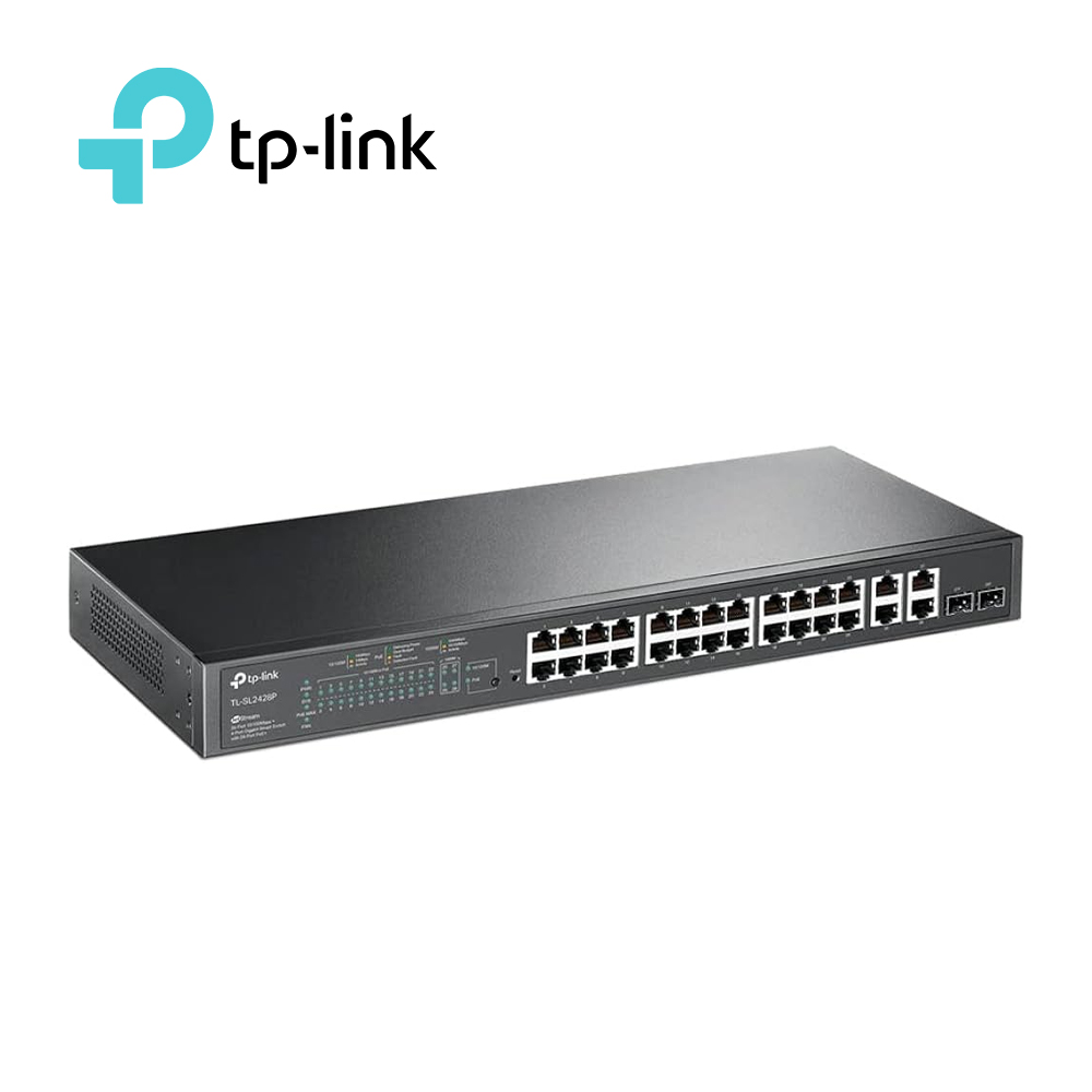 SWITCH ADMINISTRABLE TP-LINK SL2428P / 24 PUERTOS RJ45 POE AF/AT 10/100 MBPS + 2 PUERTOS GIGA RJ45 + 2 PUERTOS GIGA COMBO RJ45/SFP / POTENCIA POE TOTAL 250 W / IDEAL PARA RACK / USO INTERIOR / GESTION CENTRALIZADA CON OMADA