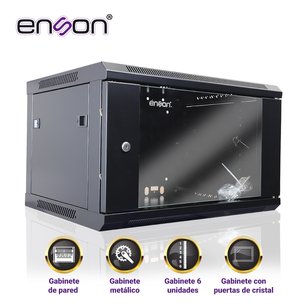 GABINETE DE PARED ENSON ENS-RKGB6U 6UR PUERTA FRONTAL DE CRISTAL TEMPLADO CON CERRADURA DE SEGURIDAD RANURAS DE VENTILACION EN LA PARTE SUPERIOR PARA 2 VENTILADORES DE 11 CM ENSAMBLADO 600X450X368MM