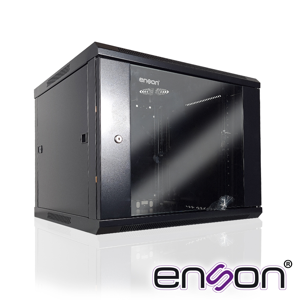 GABINETE DE PARED ENSON ENS-RKGB9U2 9UR PUERTA FRONTAL DE CRISTAL TEMPLADO CON CERRADURA DE SEGURIDAD RANURAS DE VENTILACION EN LA PARTE SUPERIOR PARA 2 VENTILADORES DE 11 CM 600X600X501MM