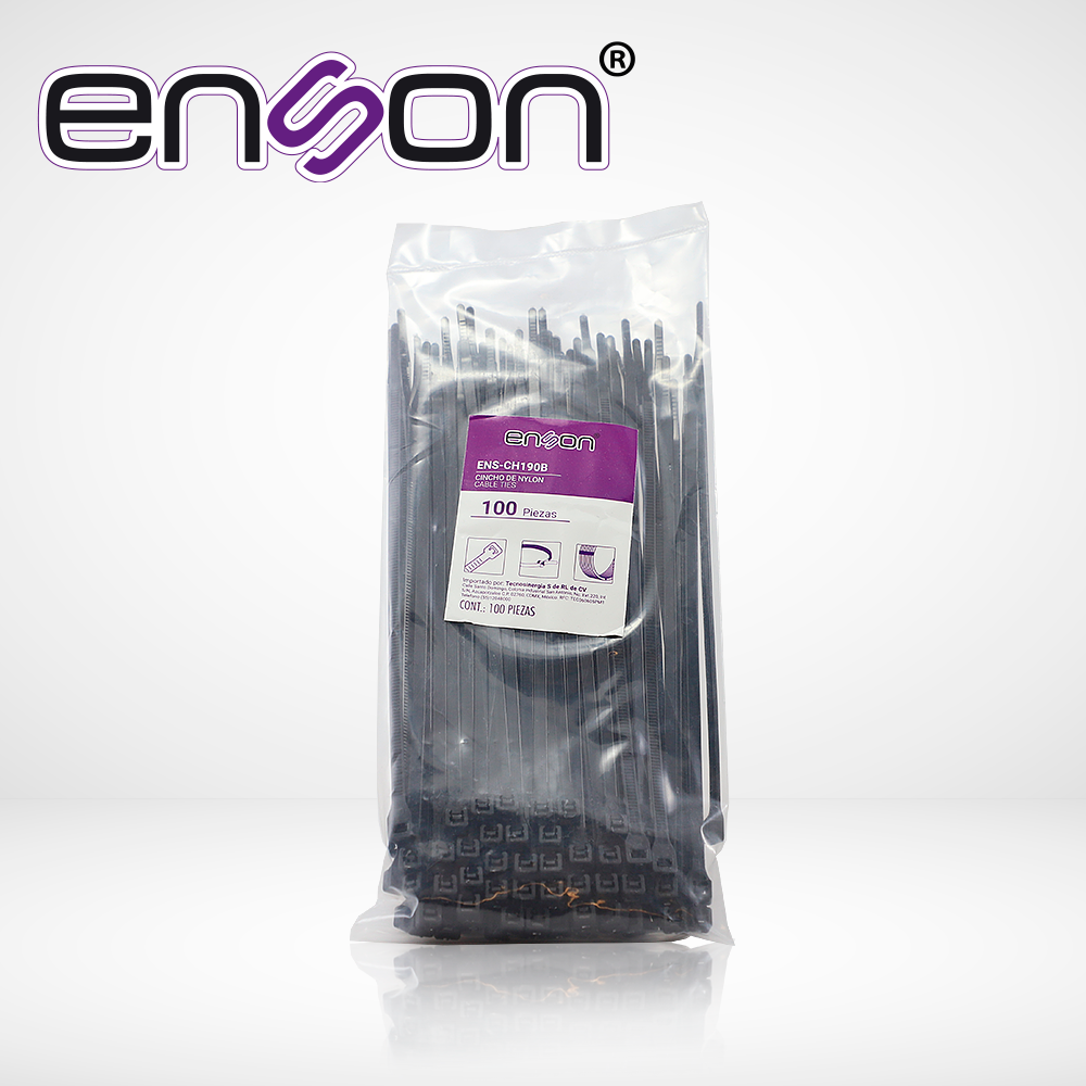 CINCHO DE NYLON ENSON ENS-CH190B COLOR NEGRO DE 4.8 X 190MM DE LONGITUD FUERZA DE TENSION DE HASTA 22 KGS