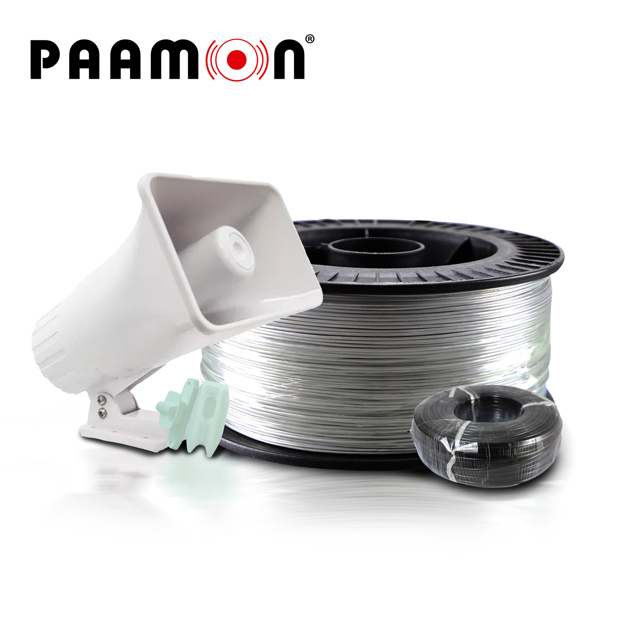 KIT DE ACCESORIOS PARA CERCA ELECTRICA PAAMON/ PAM-CAC600 CABLE ALAMBRE DE ALUMINIO - CABLE DOBLE AISLADO DE ALTO VOLTAJE 100MT - PAM-AISPASOW AISLADORES DE PASO - PAM-AISESQUINAW AISLADORES DE ESQUINA - PAM-SRE30W SIRENA 30W